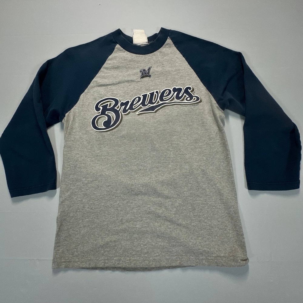 Lee Sport‎ Milwaukee Brewers Kids Raglan Baseball T-Shirt Gray Navy 3/4 Sleeve
